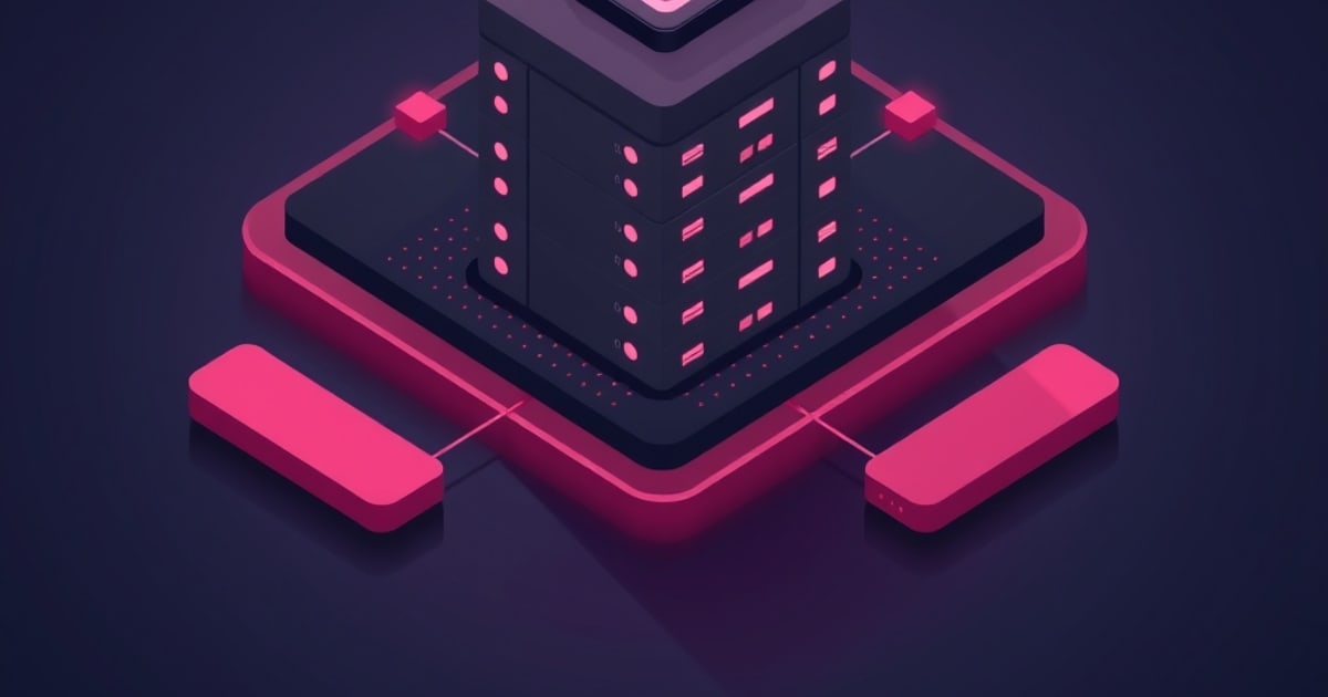 Flat isometric dark server tower on a glowing pink platform, pink indicator bars down its faces, two pink slab modules wired to opposite corners.