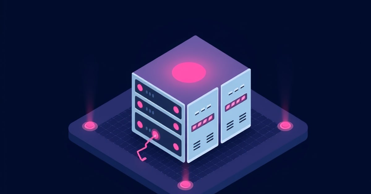 Flat isometric illustration of a pale server cabinet with a glowing pink dome on top and an unplugged pink cable, on a grid pad with four pink beacons.