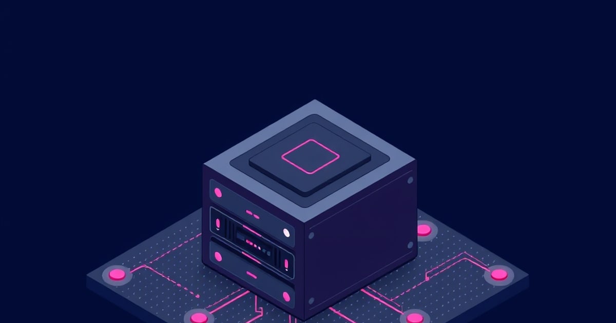 Flat isometric illustration of a dark purple server cube with a pink outlined chip on top and two drive bays, on a grid pad linked by pink traces and nodes.