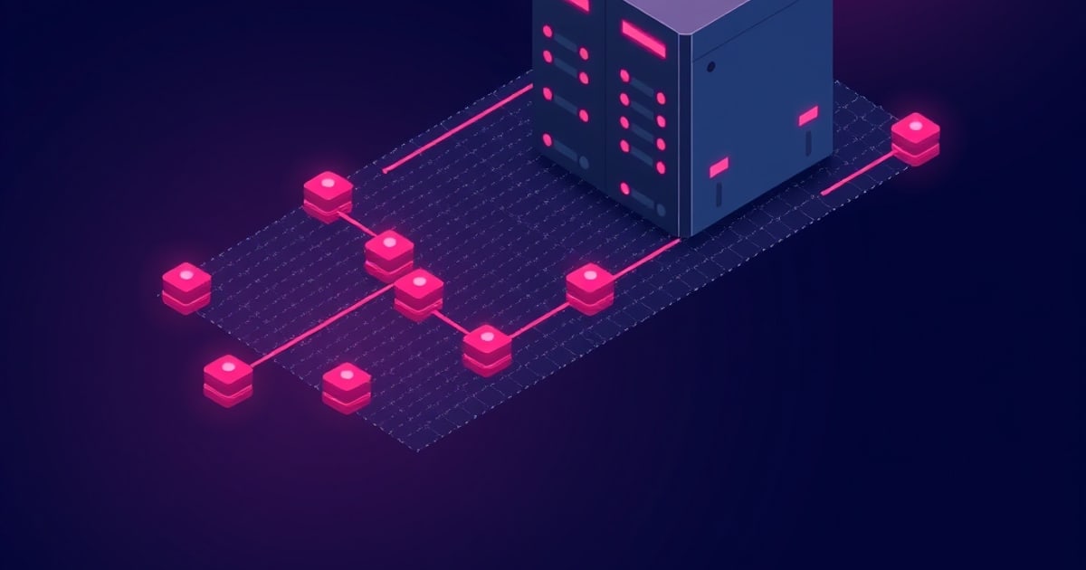Flat isometric illustration of a dark server cabinet at the edge of a grid pad with a branching chain of glowing pink stacked-disc nodes spread across it.