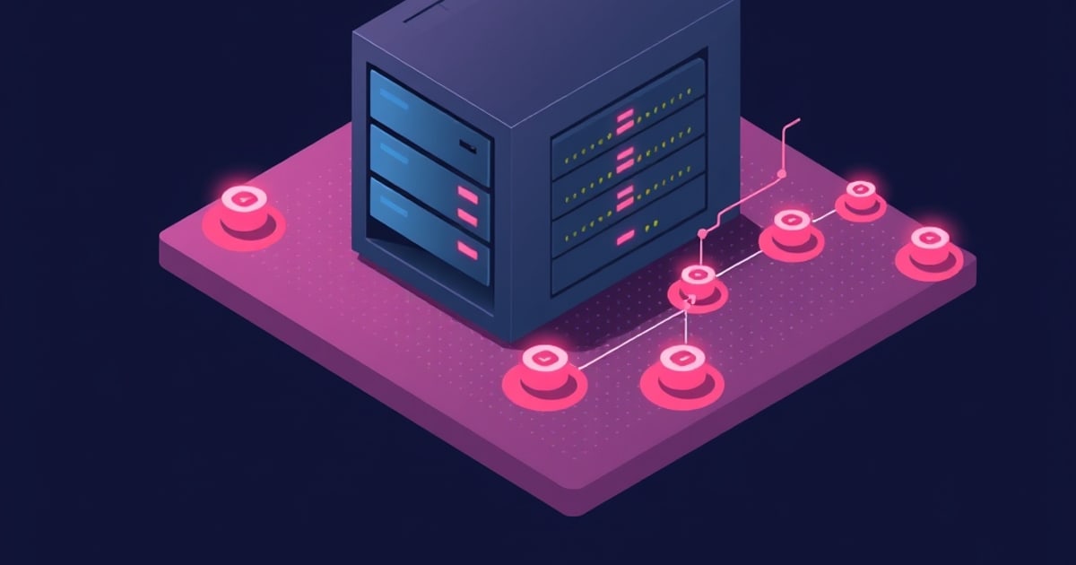 Isometric server rack on a glowing magenta platform linked by thin lines to pink node pods, evoking a homelab hypervisor hosting virtual machines